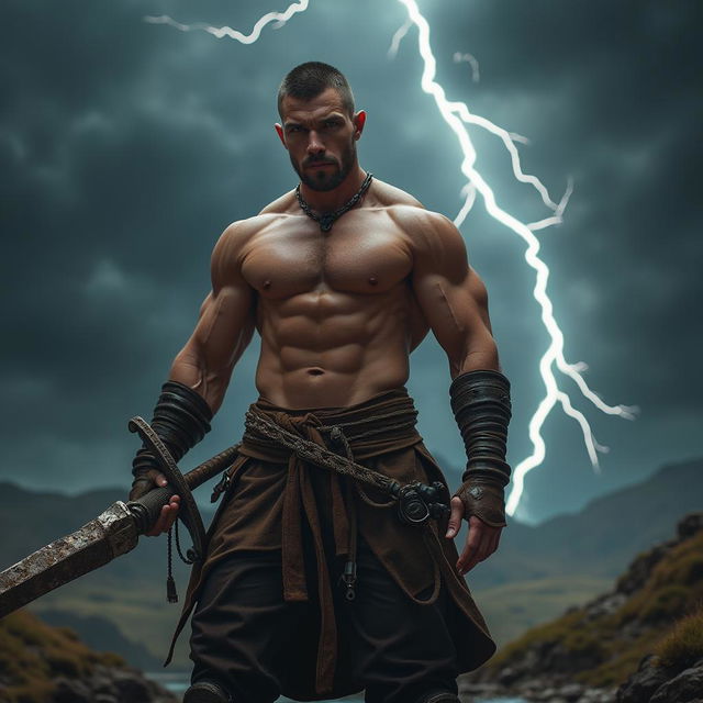 A muscular and handsome man stands confidently, looking at the camera, holding a massive berserk sword