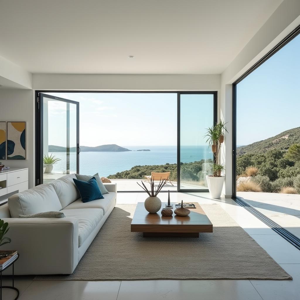 Un salón elegante y moderno en una casa de Ibiza, decorado con un estilo mediterráneo, muebles blancos, detalles en tonos azules y turquesas, grandes ventanales con vistas al mar, y elementos náuticos