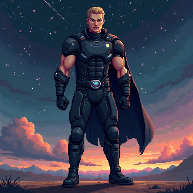 Hombre en estilo pixel art con traje espacial negro con detalles plateados, botas de combate negras hasta las rodillas y cinturón con funda para arma, en un paisaje espacial