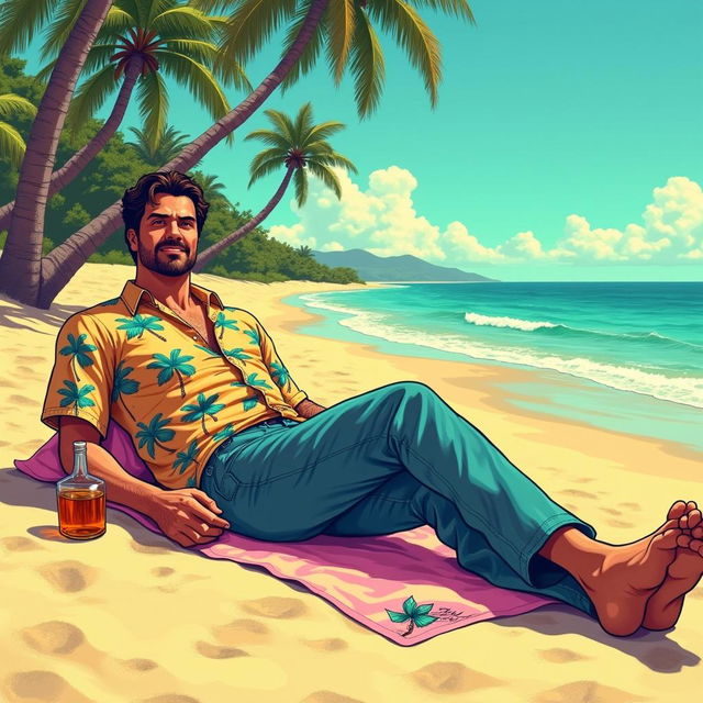 Tommy Vercetti from GTA: Vice City is laying on a sun-soaked beach, dressed in his signature Hawaiian shirt and casual jeans, with a bottle of whiskey next to him