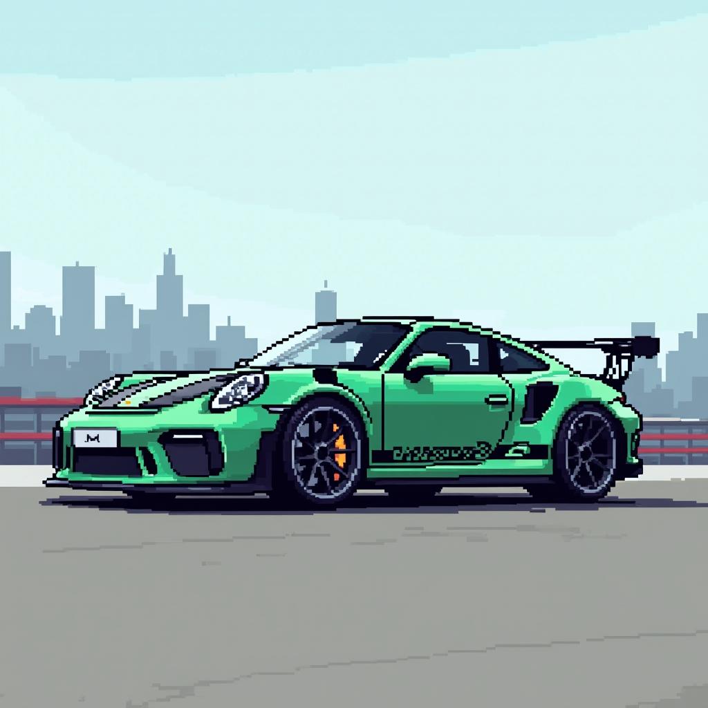 Create a detailed 32x32 pixel art of a Porsche 911 GT3 RS in a side view, highlighting its distinctive features with a vibrant color