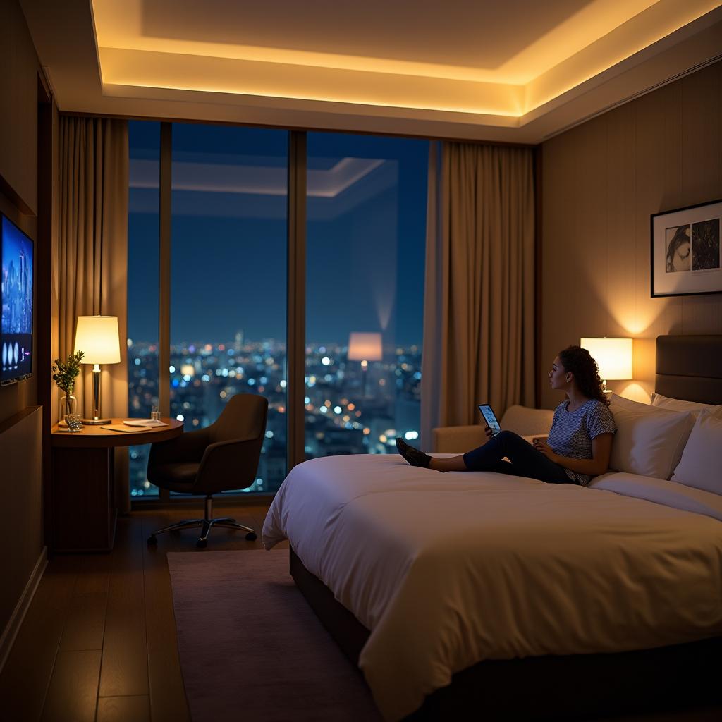 Uma pessoa assistindo TV em um quarto de hotel elegantemente decorado, com móveis modernos, iluminação suave e uma vista panorâmica da cidade à noite