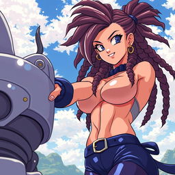 Create a 90's style anime image in the Toyotaro style with a retro anime effect, featuring a Saiyan female