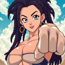 Create a 90's style anime image in the Toyotaro style with a retro anime effect, featuring a Saiyan female