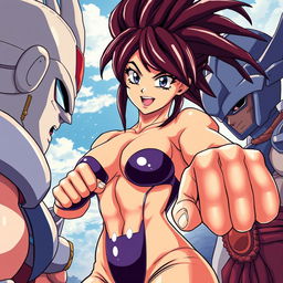 Create a 90's style anime image in the Toyotaro style with a retro anime effect, featuring a Saiyan female