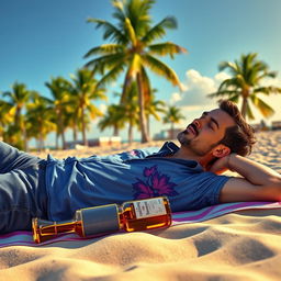 Tommy Vercetti, the iconic character from Grand Theft Auto: Vice City, is laying on the famous Miami Beach