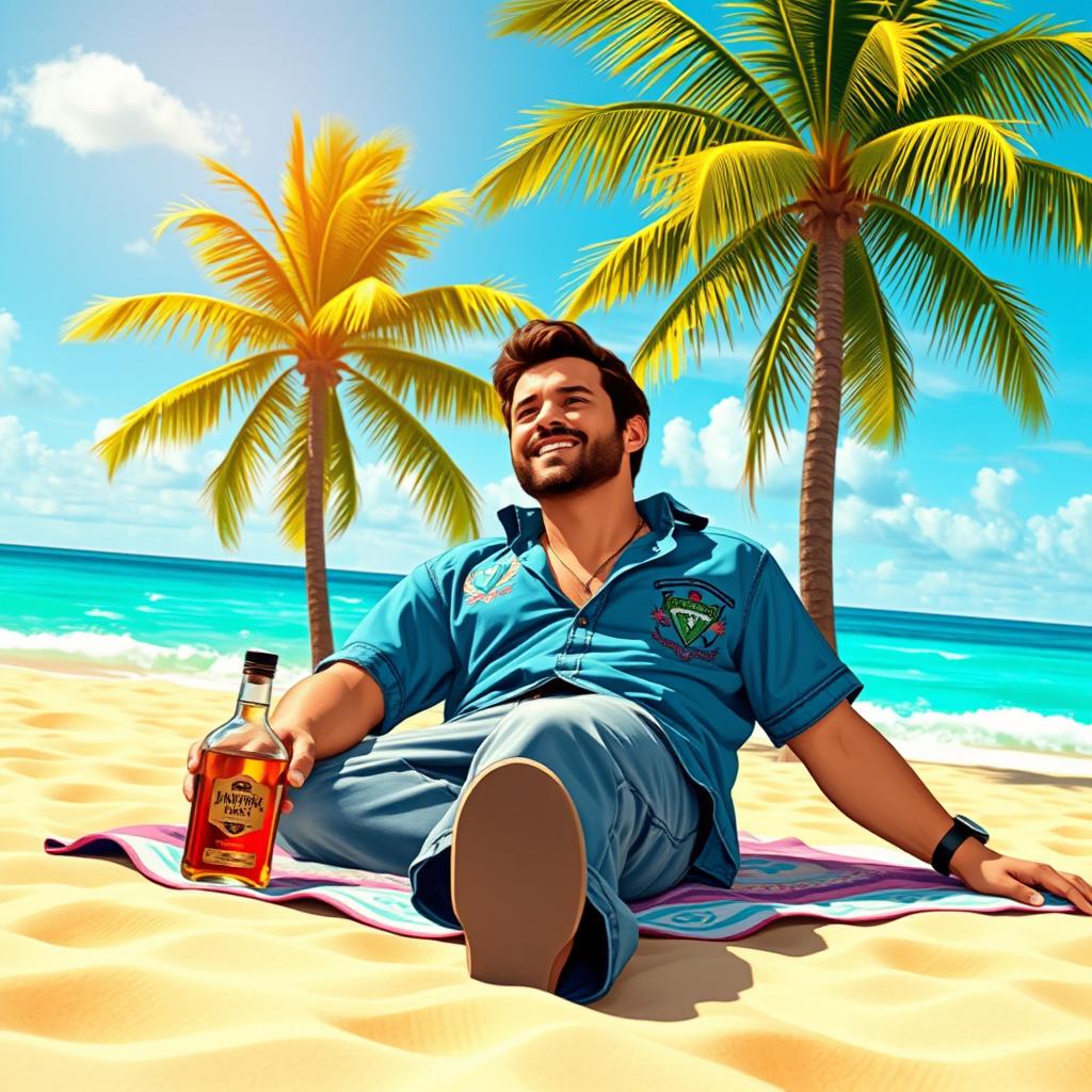 Tommy Vercetti, the iconic character from Grand Theft Auto: Vice City, is laying on the famous Miami Beach