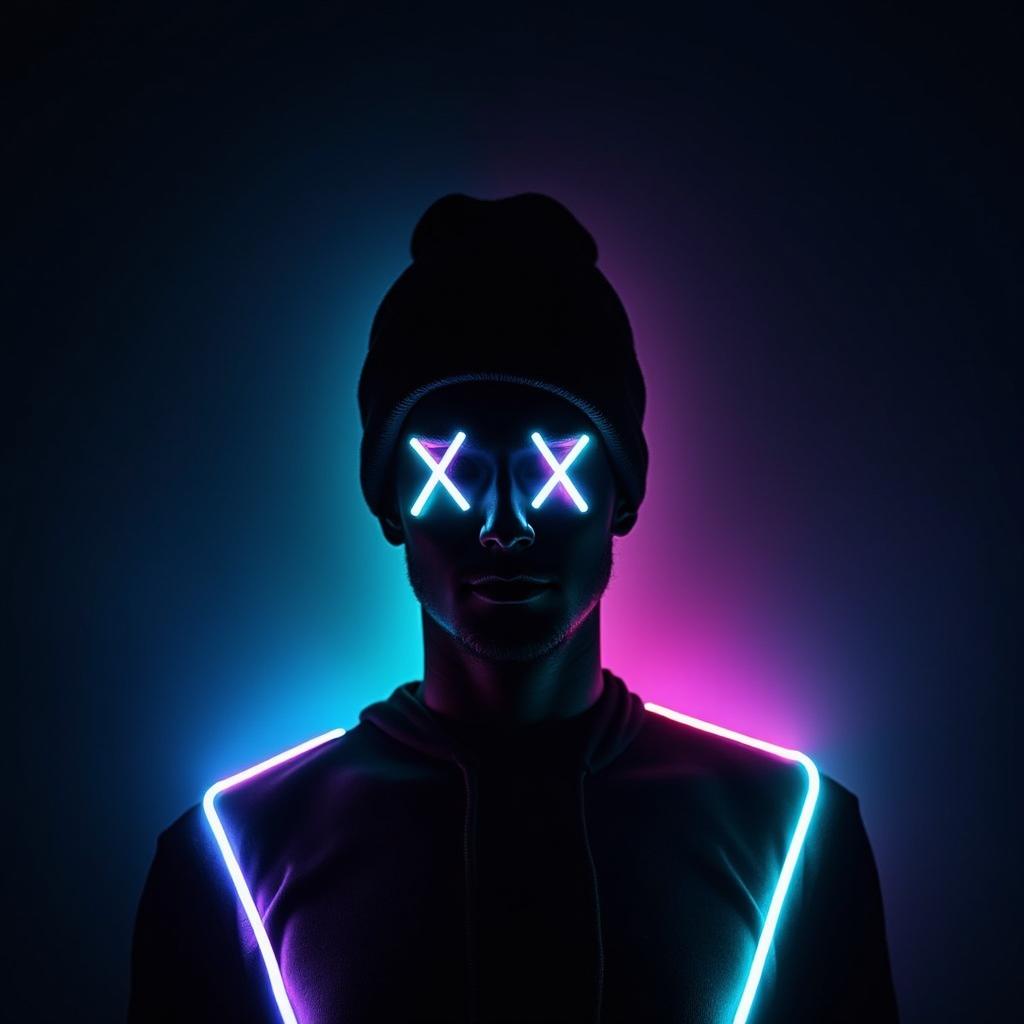 A silhouette wearing a beanie hat with 'X' shaped eyes, highlighted by vibrant neon effects in shades of blue, pink, and green against a dark background