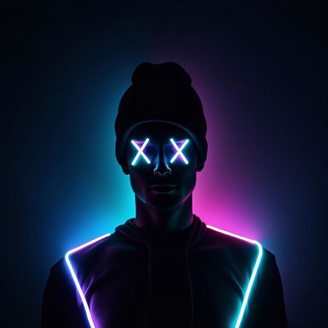 A silhouette wearing a beanie hat with 'X' shaped eyes, highlighted by vibrant neon effects in shades of blue, pink, and green against a dark background