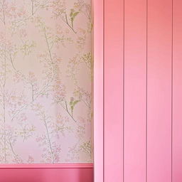 A room with one wall covered in vibrant floral wallpaper, and the remaining walls painted in a soft dusty pink