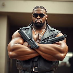 A large, athletic black man with braided hair, wearing sunglasses and a leather jacket