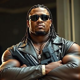 A large, athletic black man with braided hair, wearing sunglasses and a leather jacket