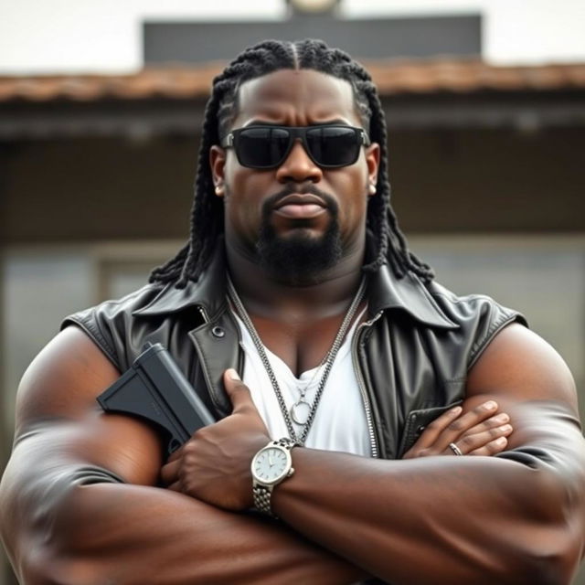 A large, athletic black man with braided hair, wearing sunglasses and a leather jacket