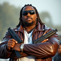 A large, athletic black man with braided hair, wearing sunglasses and a leather jacket