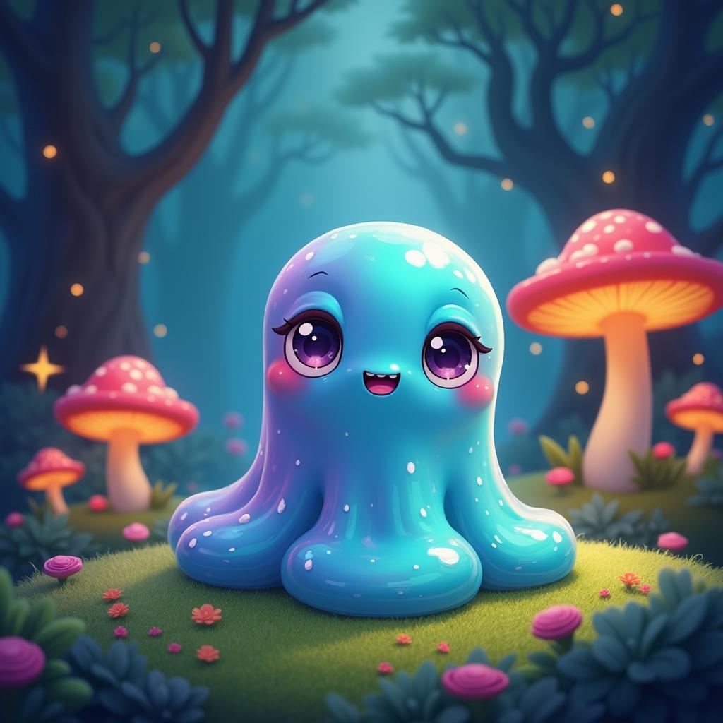 A playful, friendly slime creature in a magical, enchanted forest with glowing mushrooms and sparkling fairy lights.