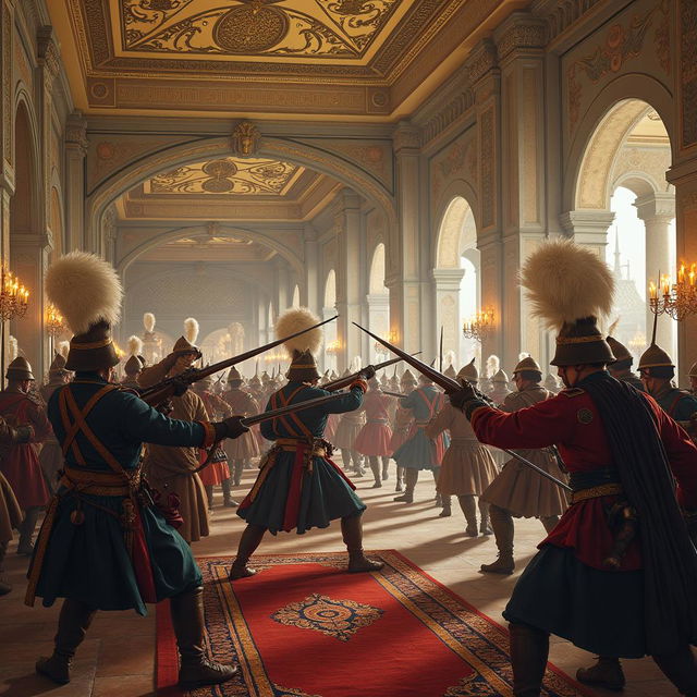 Janissary soldiers fighting in the grand halls of the Ottoman palace during the 17th century, showcasing their distinctive uniforms, traditional weapons, and the opulent architecture of the palace