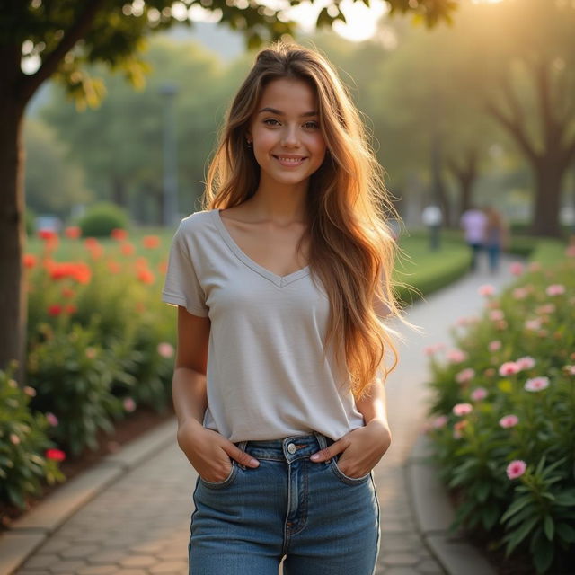 Uma garota de 17 anos com cabelo longo que bate até a bunda, em um ambiente natural com flores e árvores, vestindo roupas casuais e modernas, com um sorriso amigável e olhos expressivos