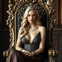 A very beautiful blonde woman, elegantly dressed, sits on an ornate throne