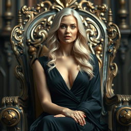 A very beautiful blonde woman, elegantly dressed, sits on an ornate throne