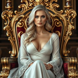 A very beautiful blonde woman, elegantly dressed, sits on an ornate throne