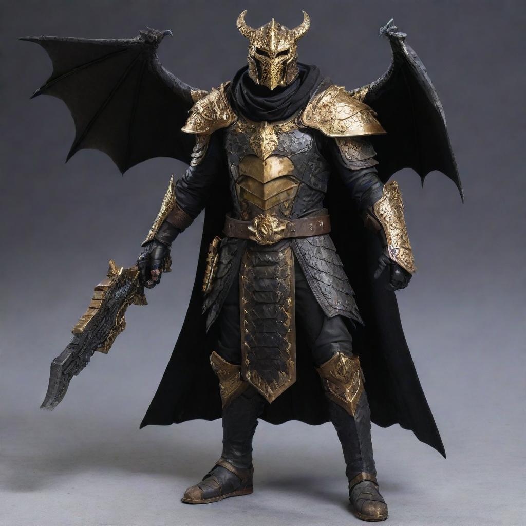 A menacing humanoid dragonborn assassin, featuring black and gold scales, adorned in black armor and a worn leather cloak. Black and gold dragon wings break through the outfit. The figure boasts an infinity gauntlet and a separate gauntlet housing a built-in crossbow.