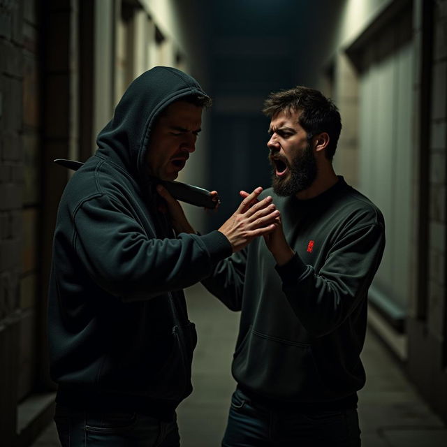 A dramatic and violent scene of a man stabbing another man in a dark alley, with intense expressions and a tense atmosphere.