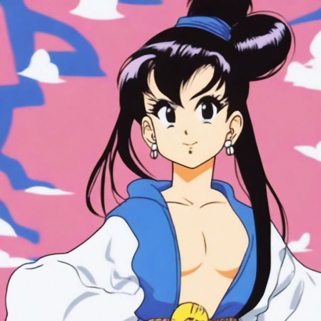 Create a 90's style anime image in the Toyotaro style with a retro anime effect, featuring a Saiyan woman