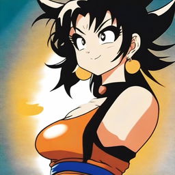 Create a 90's style anime image in the Toyotaro style with a retro anime effect, featuring a Saiyan woman