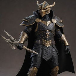 A menacing humanoid dragonborn assassin, featuring black and gold scales, adorned in black armor and a worn leather cloak. Black and gold dragon wings break through the outfit. The figure boasts an infinity gauntlet and a separate gauntlet housing a built-in crossbow.