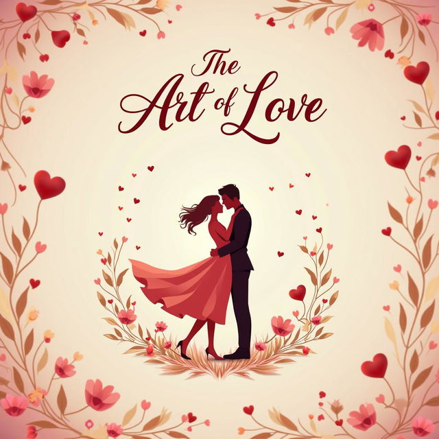 A romantic book cover titled 'The Art of Love' with a warm gradient background, an illustration of a couple in an embrace, and floral patterns