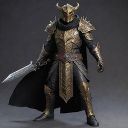 A menacing humanoid dragonborn assassin, featuring black and gold scales, adorned in black armor and a worn leather cloak. Black and gold dragon wings break through the outfit. The figure boasts an infinity gauntlet and a separate gauntlet housing a built-in crossbow.