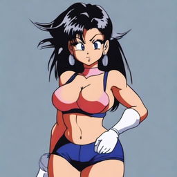 Create a 90's style anime image in the Toyotaro style with a retro anime effect, featuring a Saiyan woman