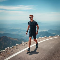 An athletic man wearing sunglasses is walking on a road at the top of a mountain