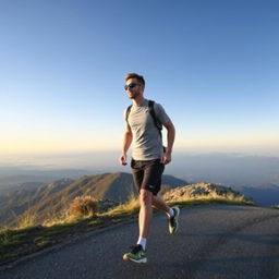 An athletic man wearing sunglasses is walking on a road at the top of a mountain