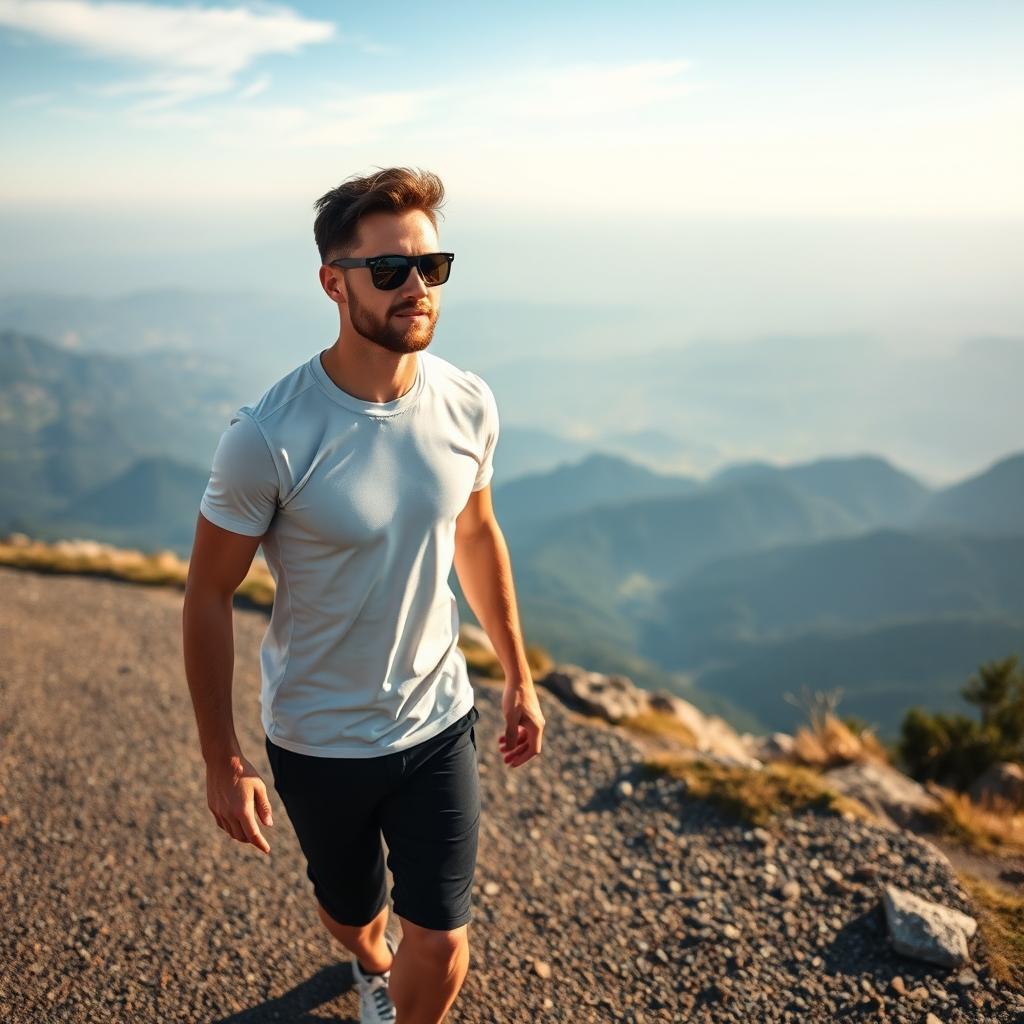 An athletic man wearing sunglasses is walking on a road at the top of a mountain