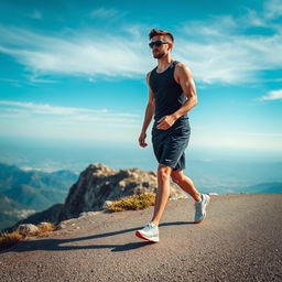 An athletic man wearing sunglasses is walking on a road at the top of a mountain