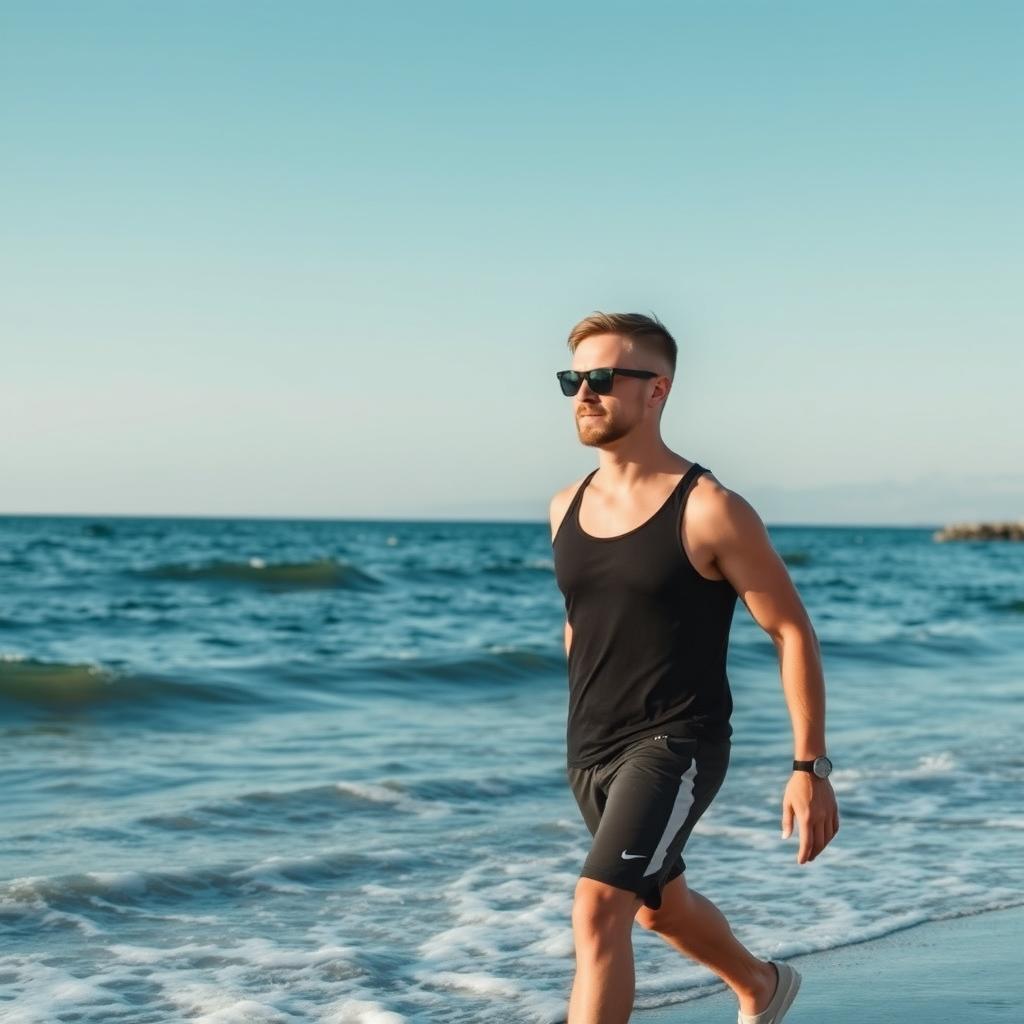 An athletic man wearing sunglasses is walking by the sea