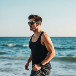 An athletic man wearing sunglasses is walking by the sea