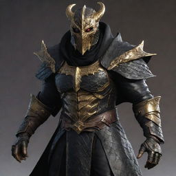 A menacing humanoid dragonborn assassin, featuring black and gold scales, adorned in black armor and a worn leather cloak. Black and gold dragon wings break through the outfit. The figure boasts an infinity gauntlet and a separate gauntlet housing a built-in crossbow.