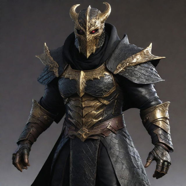 A menacing humanoid dragonborn assassin, featuring black and gold scales, adorned in black armor and a worn leather cloak. Black and gold dragon wings break through the outfit. The figure boasts an infinity gauntlet and a separate gauntlet housing a built-in crossbow.