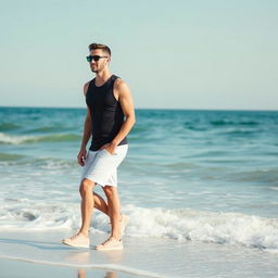 An athletic man wearing sunglasses is walking by the sea