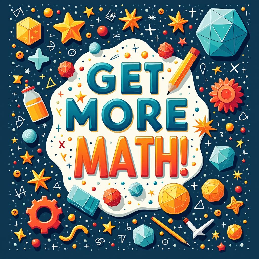 A fantasy-themed math learning book cover with the title 'Get More Math!' prominent and space at the bottom for descriptions