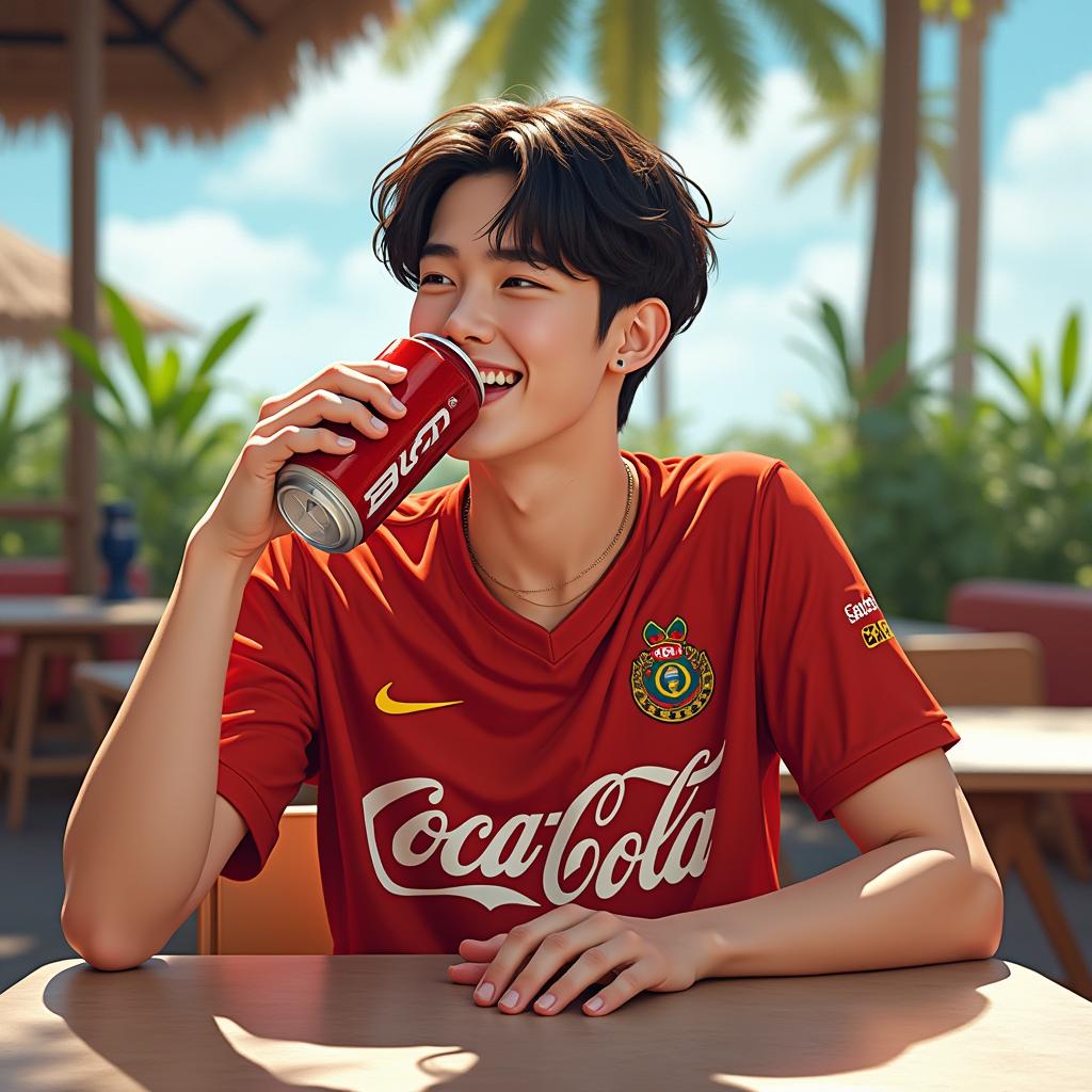 Jungkook from BTS is seen enjoying a Coca Cola while wearing a Flamengo football club jersey in a bright and cheerful outdoor café