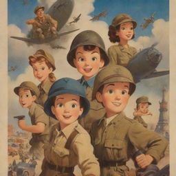 A vintage Disney animated poster showcasing characters in World War II setting, providing a sense of courage, adventure and camaraderie.