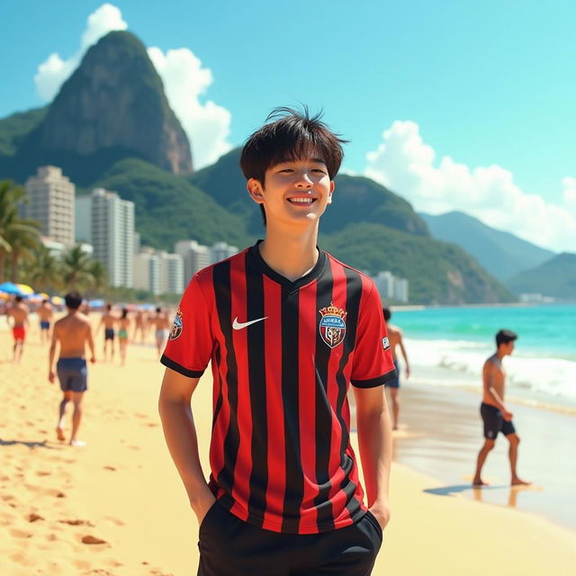 Jungkook from BTS wearing a Flamengo football shirt on Ipanema beach in Rio de Janeiro, embodying the 'Garoto de Ipanema' vibe with a relaxed and cool demeanor