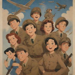 A vintage Disney animated poster showcasing characters in World War II setting, providing a sense of courage, adventure and camaraderie.