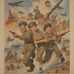 A vintage Disney animated poster showcasing characters in World War II setting, providing a sense of courage, adventure and camaraderie.