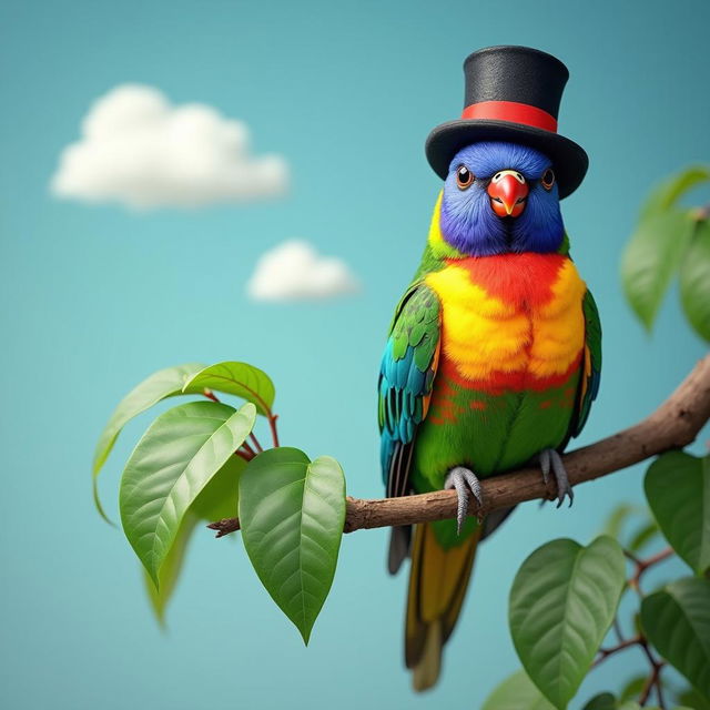 A colorful bird with bright feathers perched on a tree branch, wearing a stylish top hat with a red ribbon