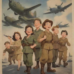 A vintage Disney animated poster showcasing characters in World War II setting, providing a sense of courage, adventure and camaraderie.