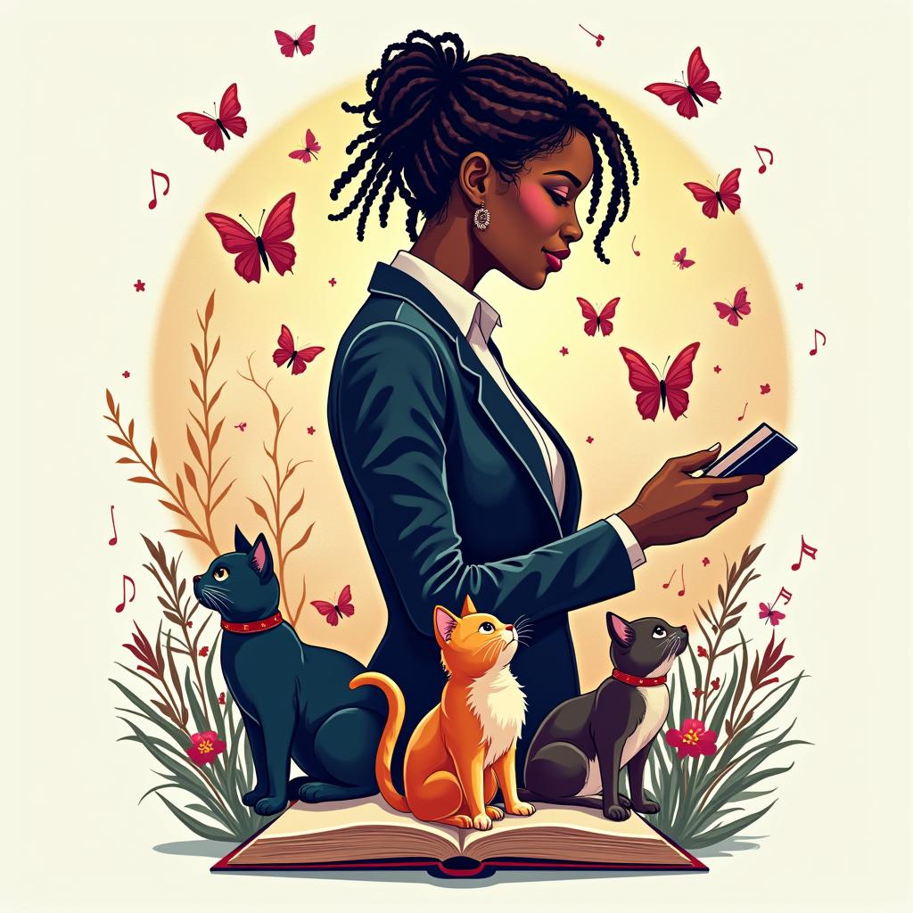 Create a vibrant and engaging logo for a book featuring a side silhouette of a lady with short dreadlocks in a suit, music notes, butterflies, two cats, and a book